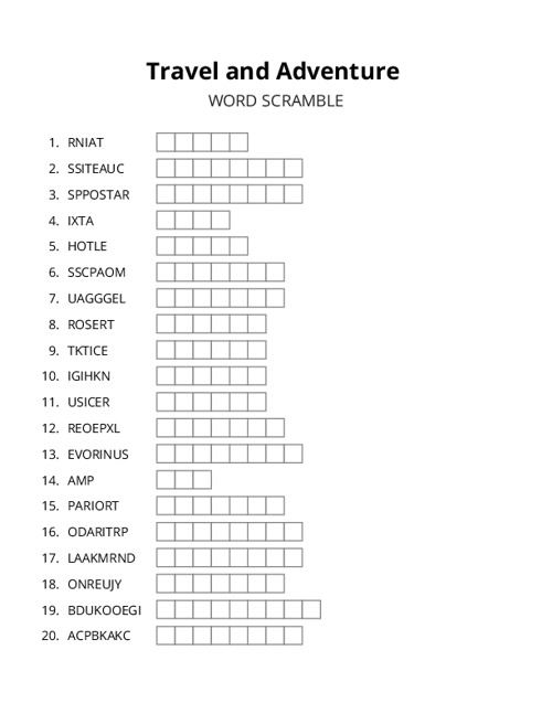 Travel and Adventure Word Scramble Puzzle