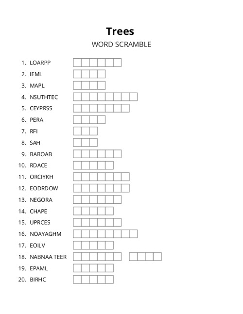 Trees Word Scramble Puzzle