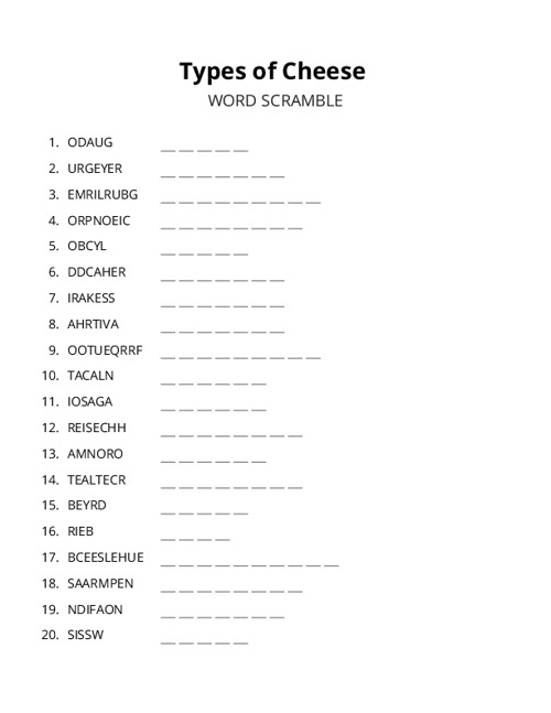 Types of Cheese Word Scramble Puzzle