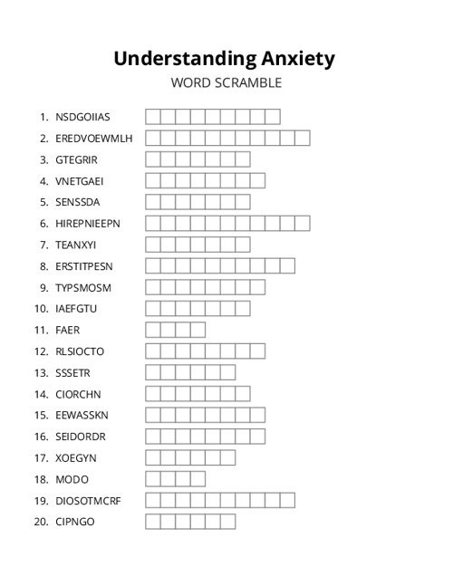 Understanding Anxiety Word Scramble Puzzle