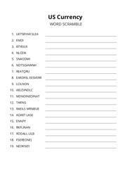 US Currency word scramble puzzle