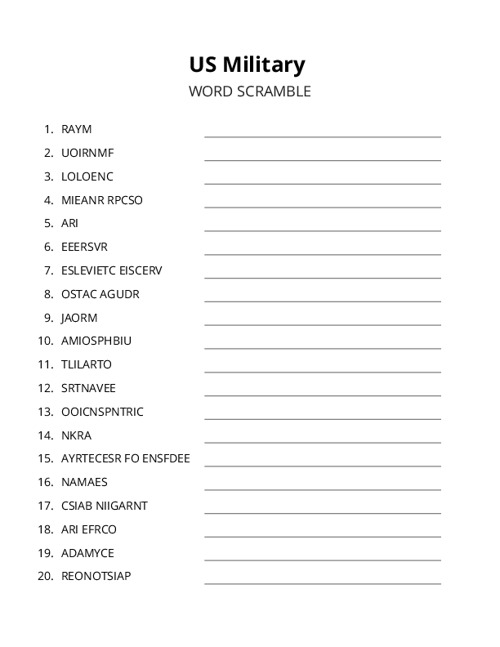 US Military Word Scramble Puzzle