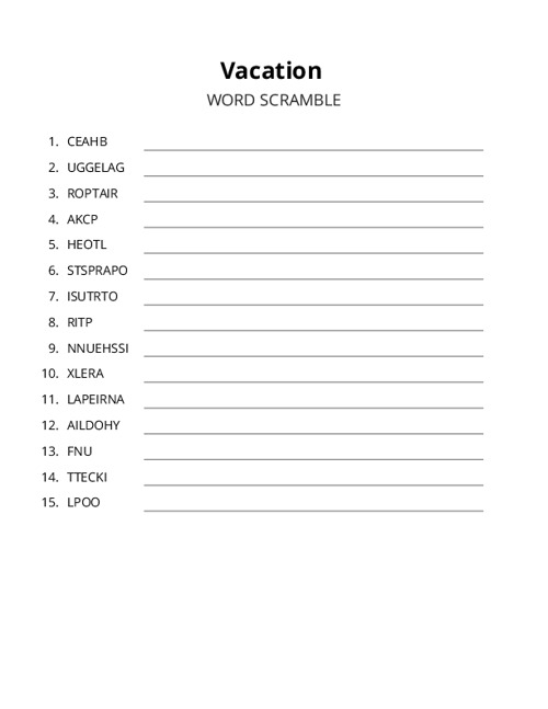 Vacation Word Scramble Puzzle