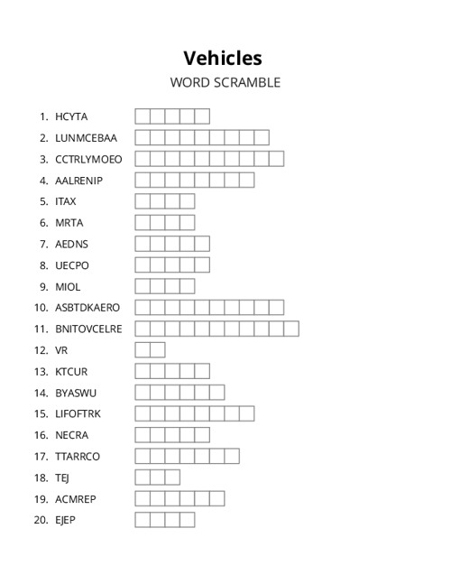 Vehicles Word Scramble Puzzle