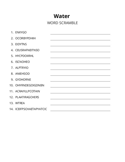 Water Word Scramble Puzzle