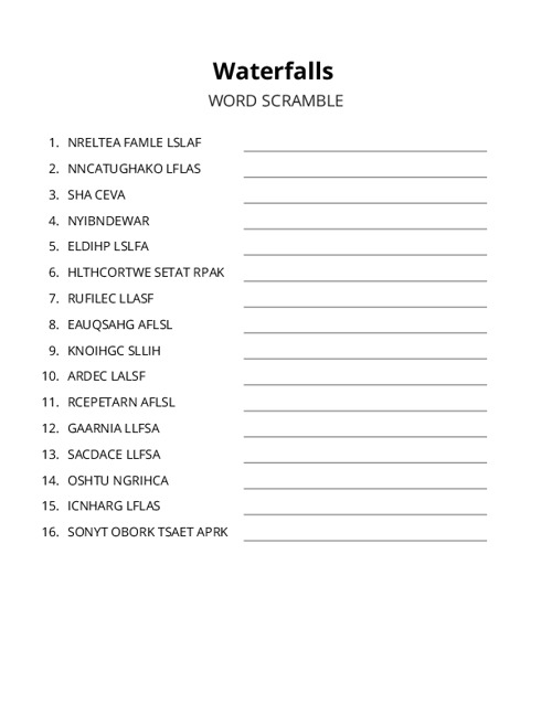 Waterfalls Word Scramble Puzzle