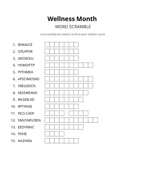 Wellness Month Word Scramble Puzzle