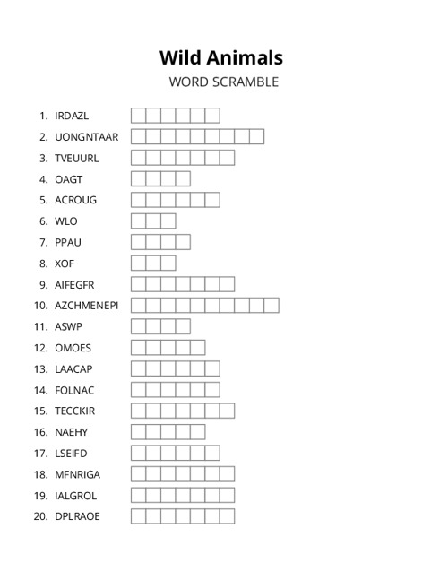 Wild Animals Word Scramble Puzzle