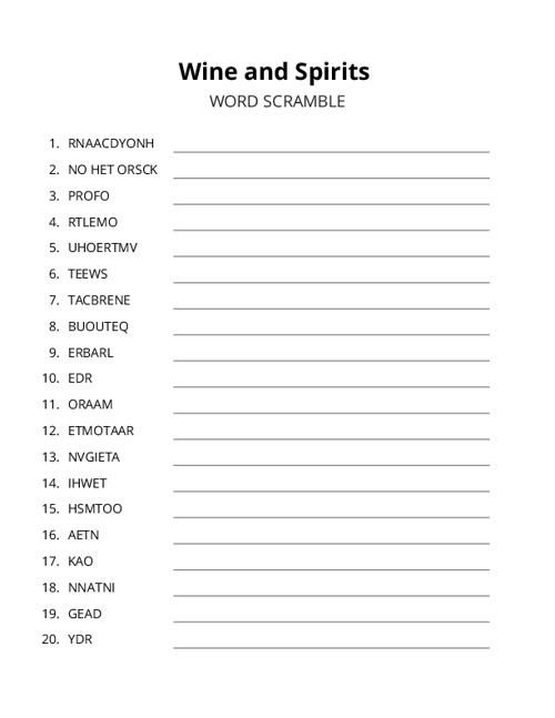 Wine and Spirits Word Scramble Puzzle