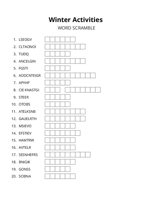 Winter Activities Word Scramble Puzzle