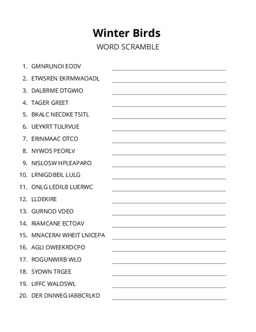 Winter Birds Word Scramble Puzzle