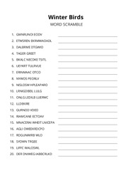 Winter Birds word scramble puzzle
