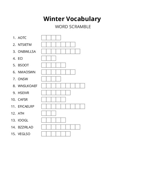 Winter Vocabulary Word Scramble Puzzle