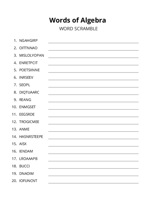 Words of Algebra Word Scramble Puzzle