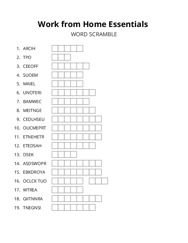 Work from Home Essentials word scramble puzzle
