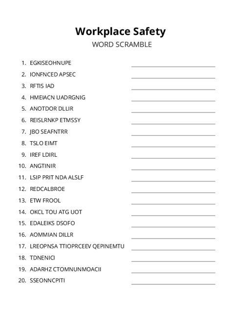 Workplace Safety Word Scramble Puzzle