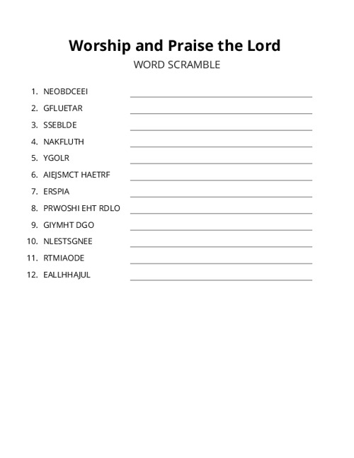 Worship and Praise the Lord Word Scramble Puzzle
