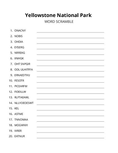 Yellowstone National Park Word Scramble Puzzle