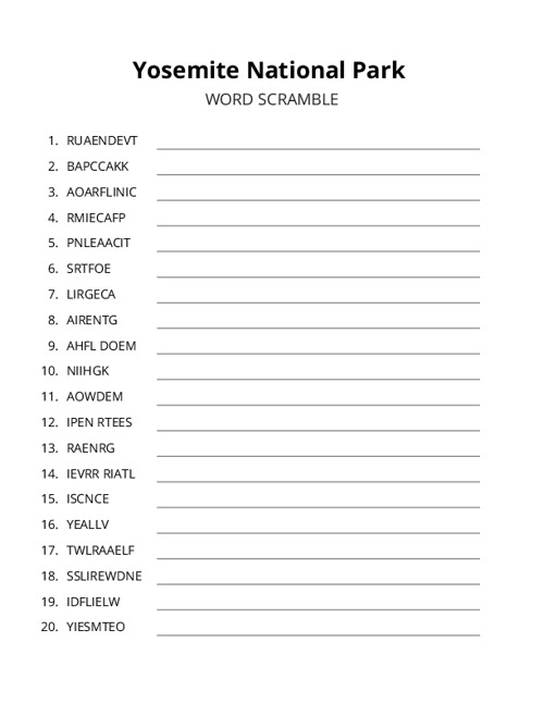 Yosemite National Park Word Scramble Puzzle
