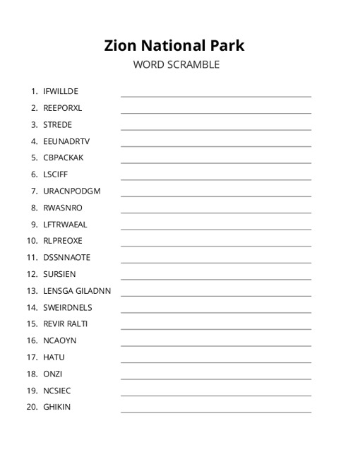 Zion National Park Word Scramble Puzzle