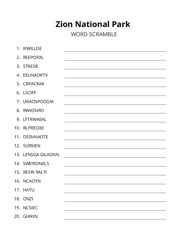 Zion National Park word scramble puzzle