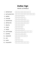 Zodiac Sign word scramble puzzle
