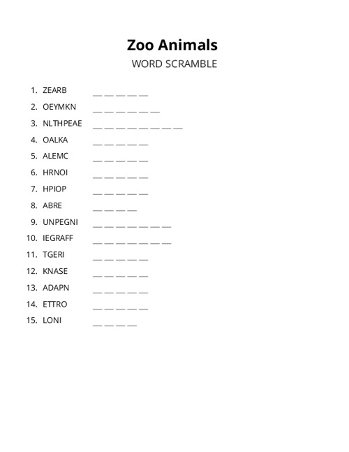 Zoo Animals Word Scramble Puzzle