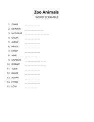 Zoo Animals word scramble puzzle