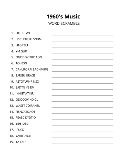 1960's Music Word Scramble Puzzle