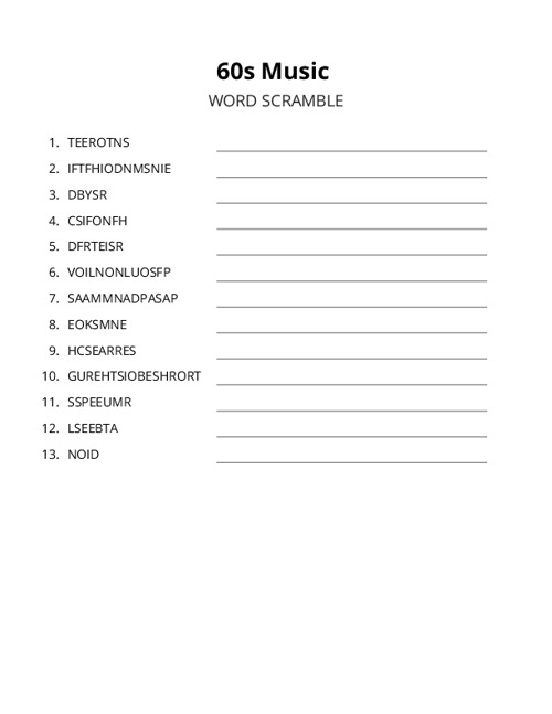 60s Music Word Scramble Puzzle