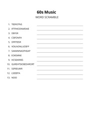 60s Music word scramble puzzle