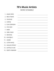 70s Music Artists word scramble puzzle