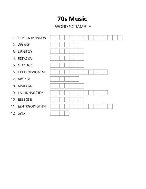 70s Music Word Scramble Puzzle
