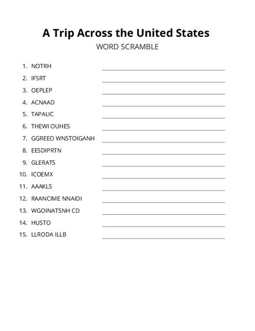 A Trip Across the United States Word Scramble Puzzle
