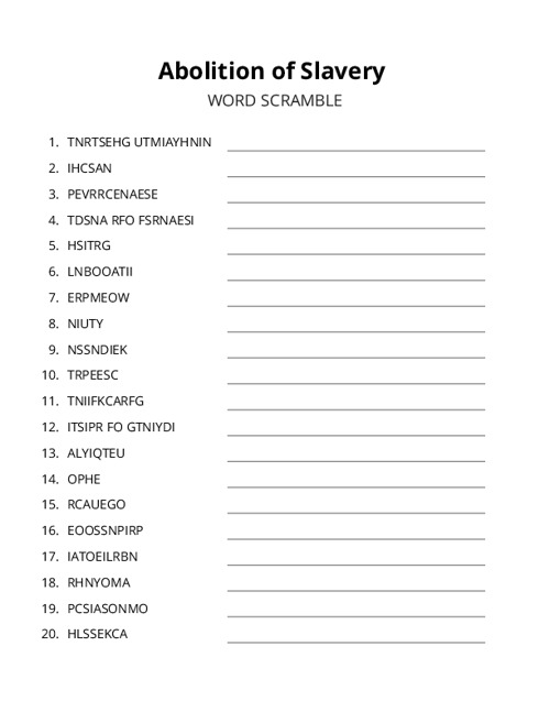 Abolition of Slavery Word Scramble Puzzle