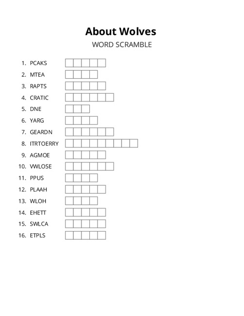 About Wolves Word Scramble Puzzle
