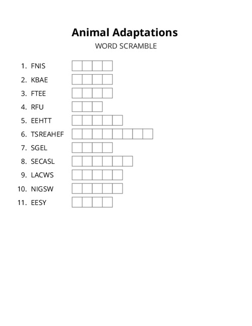 Animal Adaptations Word Scramble Puzzle