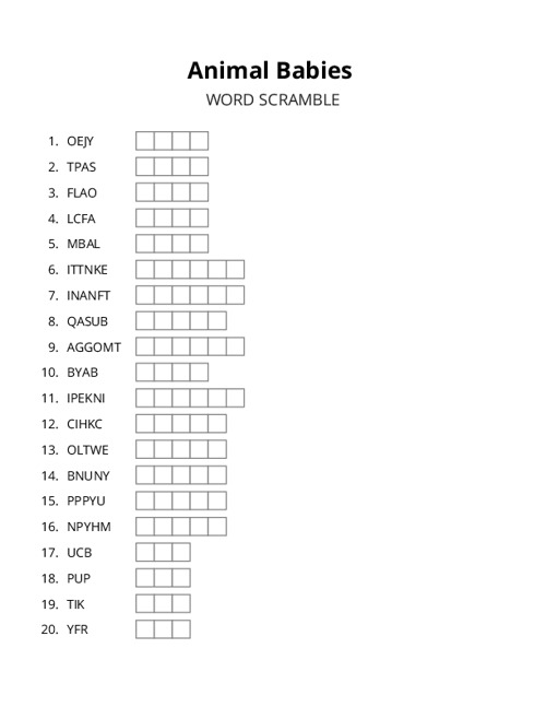 Animal Babies Word Scramble Puzzle