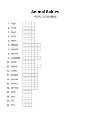 Animal Babies word scramble puzzle