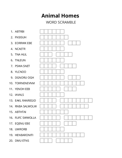 Animal Homes Word Scramble Puzzle