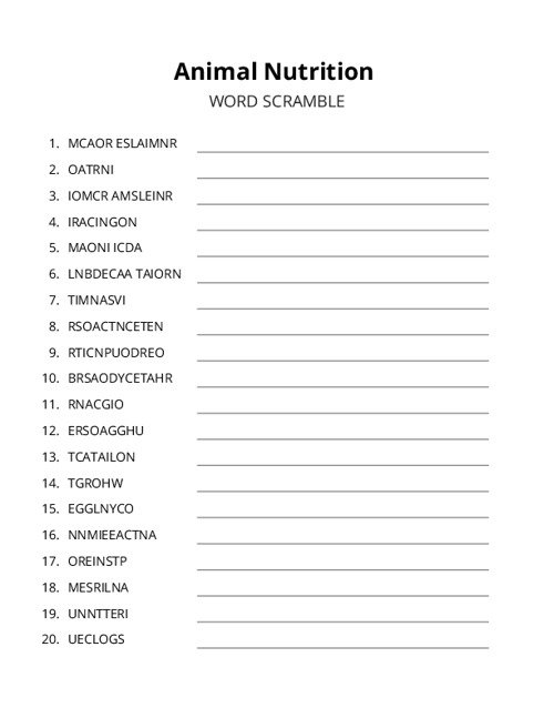 Animal Nutrition Word Scramble Puzzle
