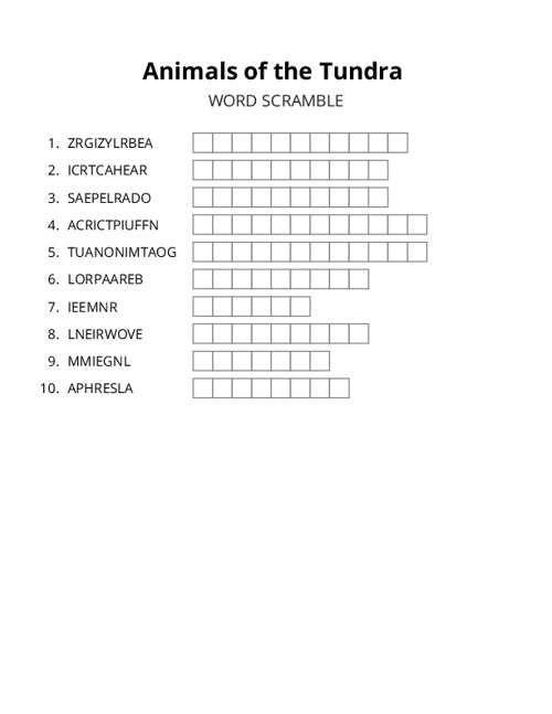 Animals of the Tundra Word Scramble Puzzle