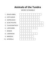 Animals of the Tundra word scramble puzzle