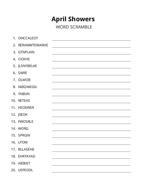 April Showers Word Scramble Puzzle