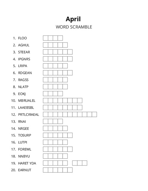 April Word Scramble Puzzle