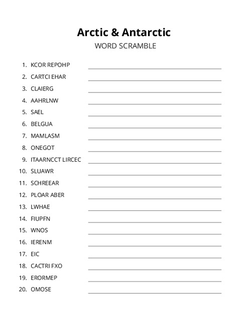 Arctic & Antarctic Word Scramble Puzzle