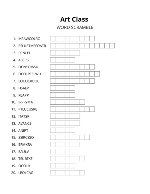 Art Class Word Scramble Puzzle