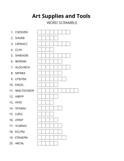 Art Supplies and Tools Word Scramble Puzzle