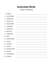 Australian Birds word scramble puzzle