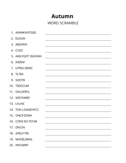 Autumn Word Scramble Puzzle